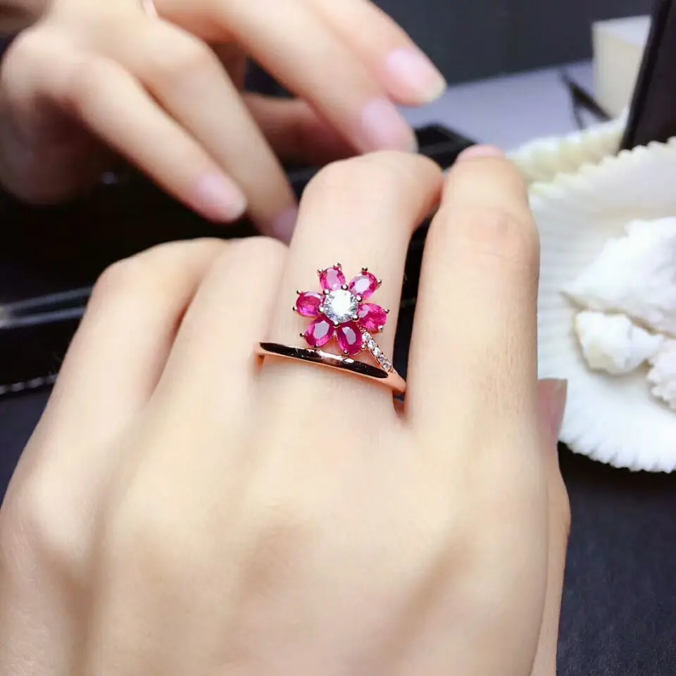 MeiBaPJ Real Natural New Burned Ruby Gemstone Flower Ring for Women Real 925 Sterling Silver Fine Wedding Jewelry