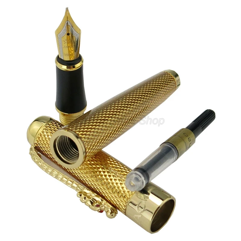 Jinhao 1200 Vintage Fountain Pen & Roller Ball Pen Exquisite Ripple With Dragon Clip, Golden Metal Carving With Gift Box Set