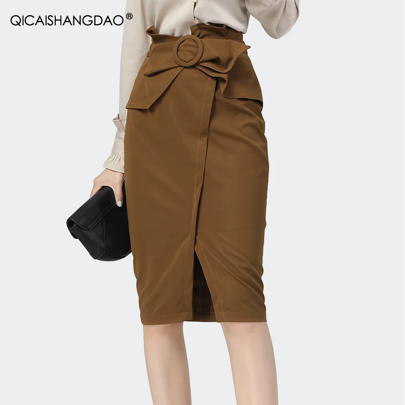 Elegant Office Ladies Skirt 2021 Spring New High Waist Split Brwon Pencil Skirt Knee-Length Bow Decoration Straight Midi Skirts