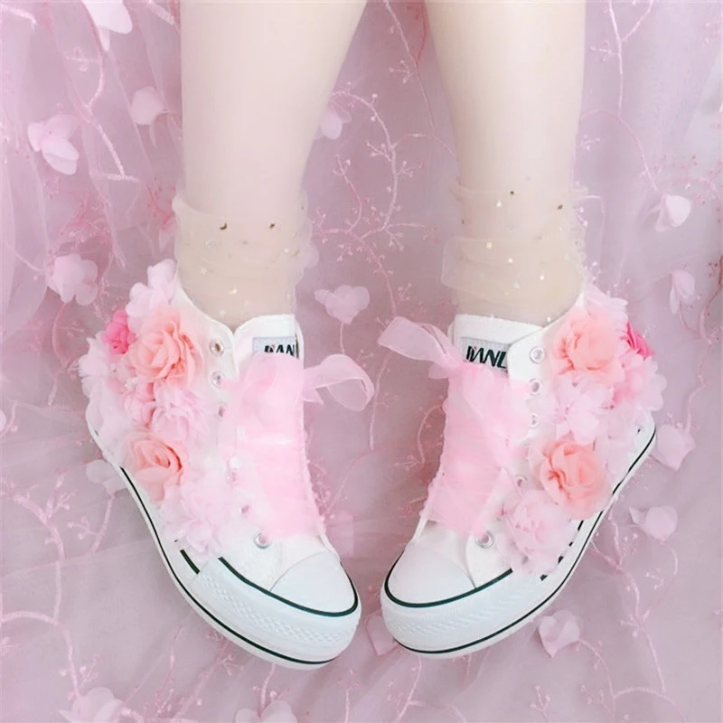 Handmade Women High Top Canvas Shoes Heightening Thick Sole Lady Shoes Girls Sudents Fashion Pink Rose Flowers Designer Sneakers