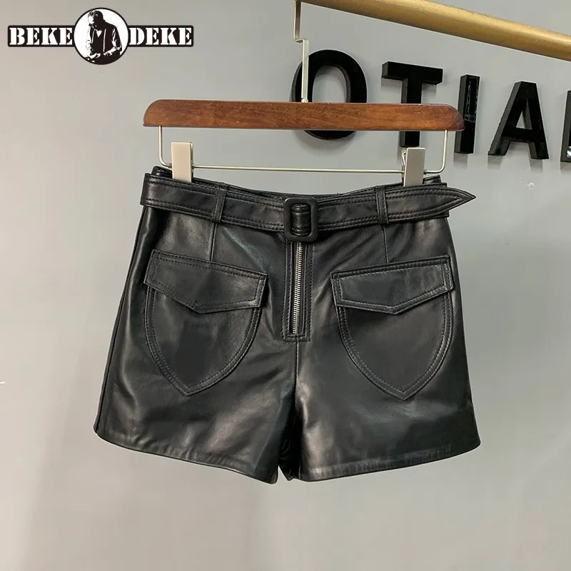 Autumn New Women Genuine Leather Shorts High Waist Slim A-Line Wide Leg Shorts Streetwear Office Lady Black Sheepskin Shorts