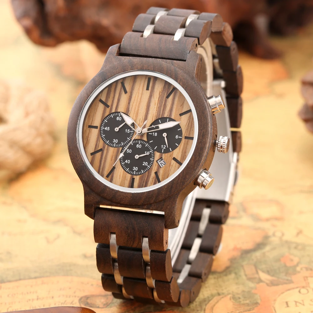 Chronograph Dial Quartz Men Watches Ebony Wood Stainless Steel Bracelet Male Wristwatch Business Auto-date Male Wooden Timepiece