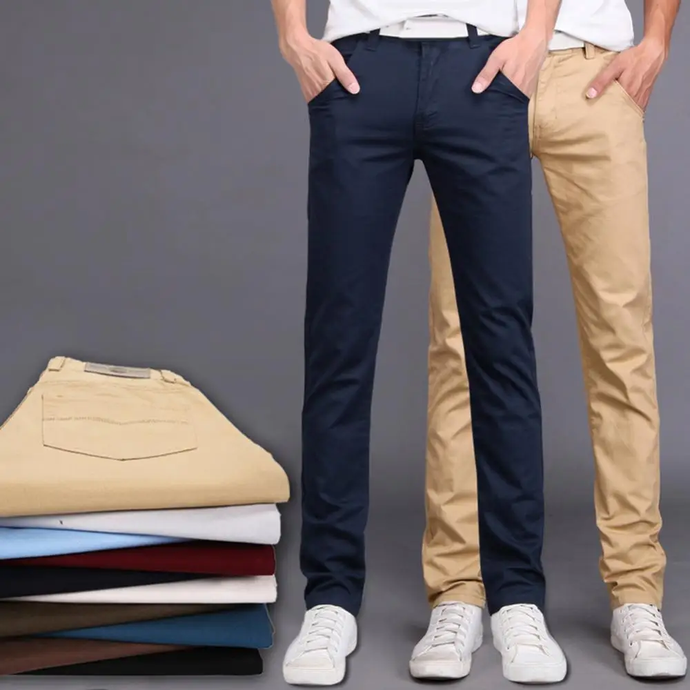 Men Solid Color Button Cotton Straight Long Pants Pockets Business Trousers Slim Oversized Basic Pants