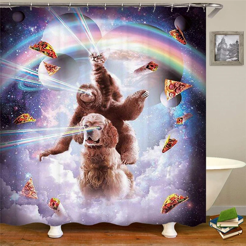 Funny Sloth Ride Dinosaur Unucorn and Pizza Shower Curtain,Waterproof Polyester Fabric