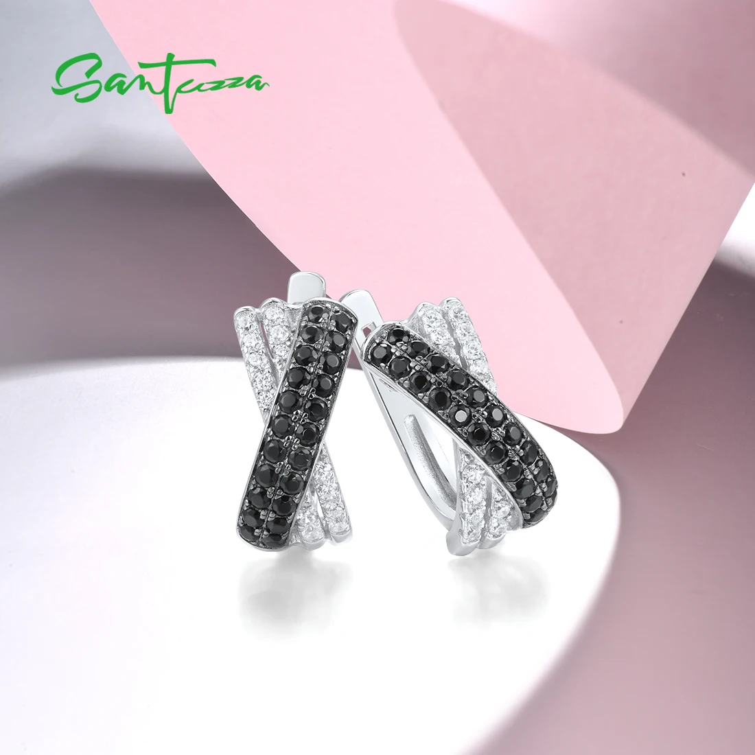 SANTUZZA Silver Earrings For Women 925 Sterling Silver Sparkling Black Spinel White Cubic Zirconia brincos Trendy Fine Jewelry