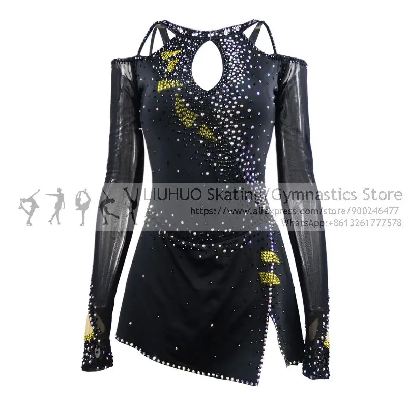 

Figure Skating Dress Girls Dragon Pattern Black Spandex Ballroom Dance Skirts Quality Crystals Competition Dress Wholesale