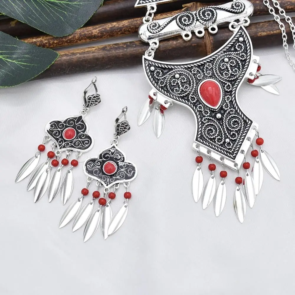 Vintage African Jewelry Sets for Women Metal Round Geometry Pendant Necklace Statement Earrings Wedding Party Jewellery Gift