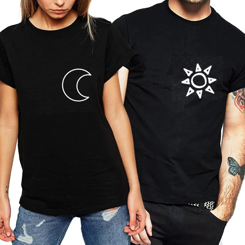 Female Short Sleeve Sun and Moon Print T Shirt Summer ops New s Matching Women   Funny Couple -s Gift