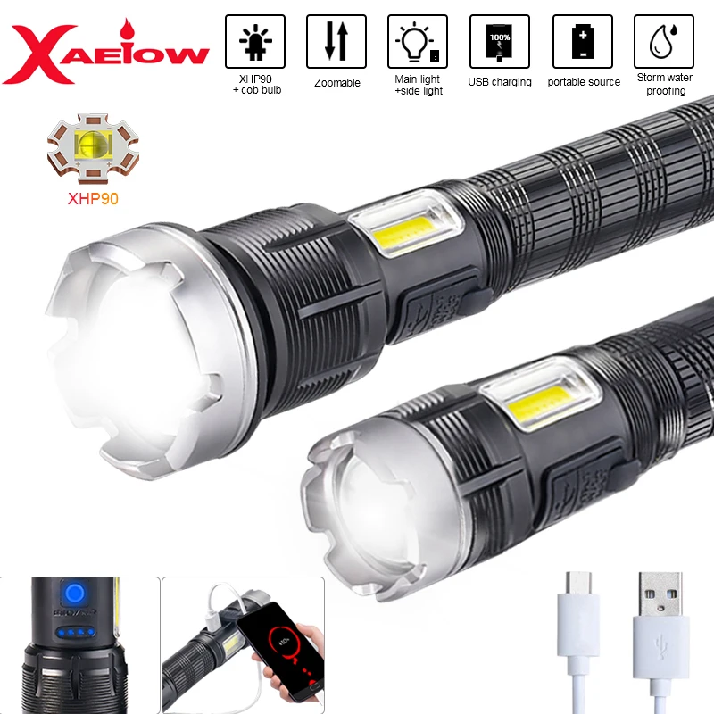 

Super-bright 10000LM Flashlight 4-Core XHP90 Powerful LED Torch Rechargeable Tactical Zoomable 2-in-1 Flashlamp 18650 Battery