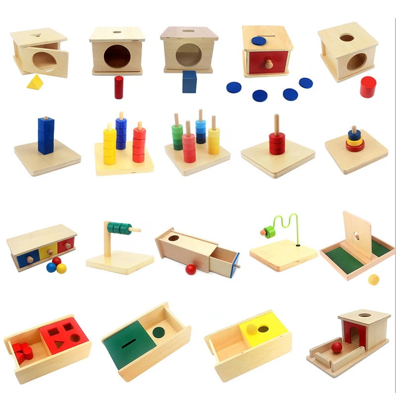 Imbucare caja de juguetes sensoriales Montessori con caja, discos horizontales verticales de madera, juguetes básicos y de habilidades para la vida,