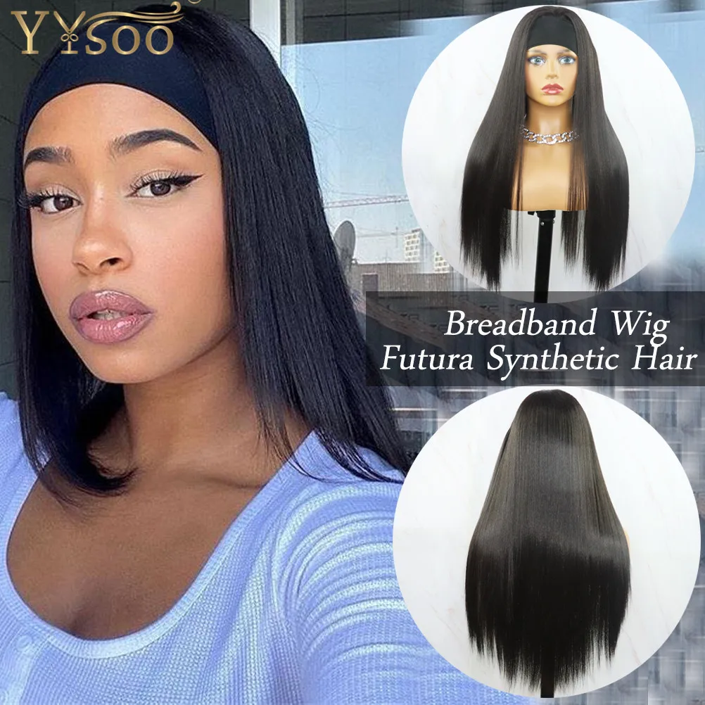 YYsoo Long Black Futura Synthetic Hair Headband Wigs For Women Silky Straight Turban Wig With Headwrap Soft And Smooth Black Wig