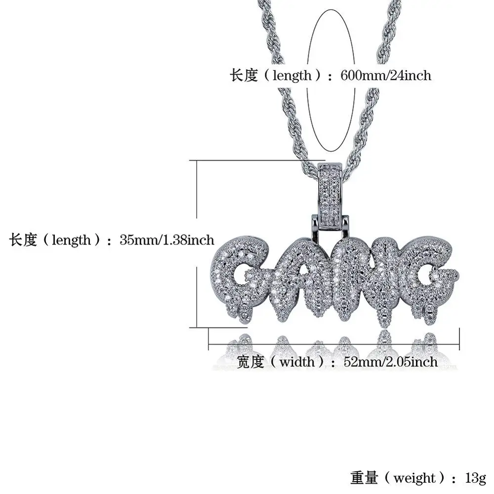 Hip Hop AAA CZ Zircon Paved Iced Out Bling GANG Letter Pendants Necklace for Men Rapper Jewelry Gold Silver Color