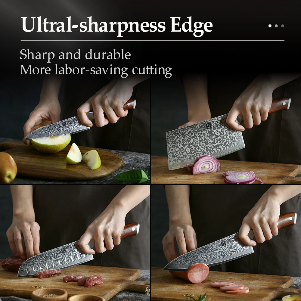 XINZUO 4PCS Kitchen Knife Set Damascus Steel Cleaver Chef Knives Stainless Steel Santoku Butcher Knife Rosewood Handle Gift Case