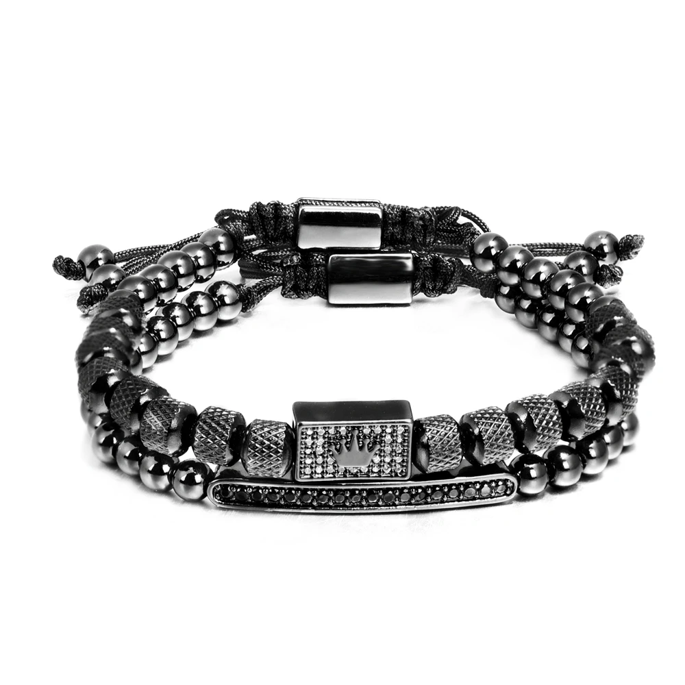 2pcs/set Charm Bracelet Men Stainless Steel Bracelet Beads Gold Color Bracelet  For Men Cz Zircon Crown Bracelet