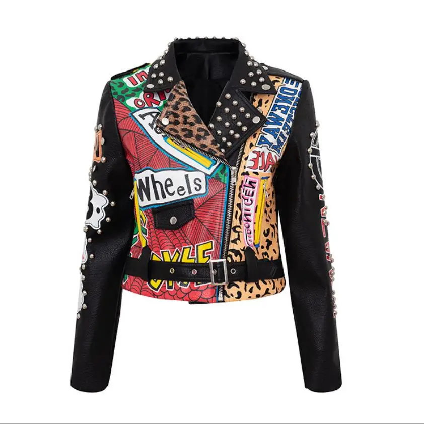 Autumn spring Locomotive graffiti cartoon pu Leather Jacket female Punk Style was thin Motorcyle Jackets Coat with belt F1962