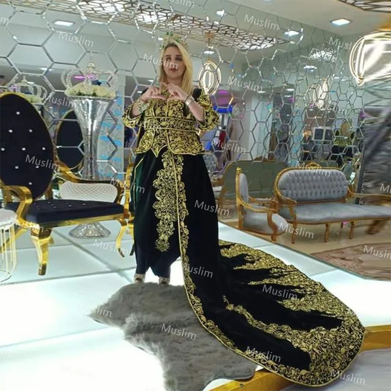 Plus Size Green Velvet Karakou Algerien Evening Dress With Overskirt Train Muslim Dubai Kaftan Arabic Prom Formal Customized