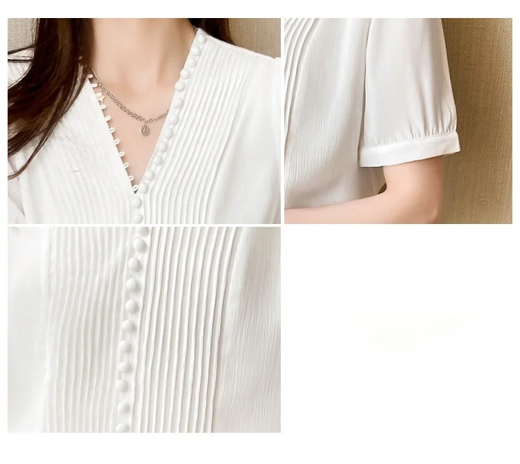 Blouse Women Blouses Top Femme Short Sleeve White Blouse Tops Women Blusas Mujer De Moda 2024 V-Neck Chiffon Blouse Shirt E867