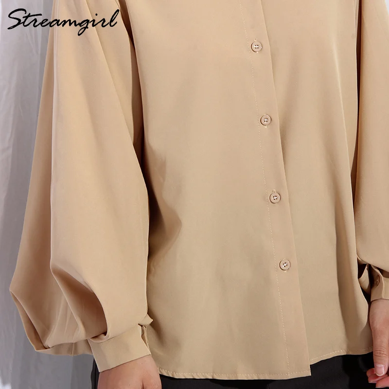 Streamgirl Women\'s Elegant Blouses Lantern Sleeve Chiffon Shirts Formal 2022 Spring Office Lady Stand-up Collar Shirts For Women