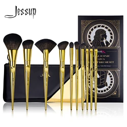 Jessup Makeup Brushes Set 10pcs Basic Powder Eyeshadow Contour Foundation Liner Brow Brush Kit Vintage Golden Synthetic Hair