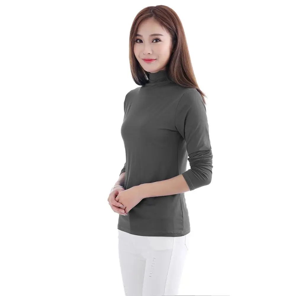 HANYIMIDOO Women Basic Solid Long sleeve T Shirt Turtleneck Plain Cotton Spandex Plus Size Lady tees & tops Autumn