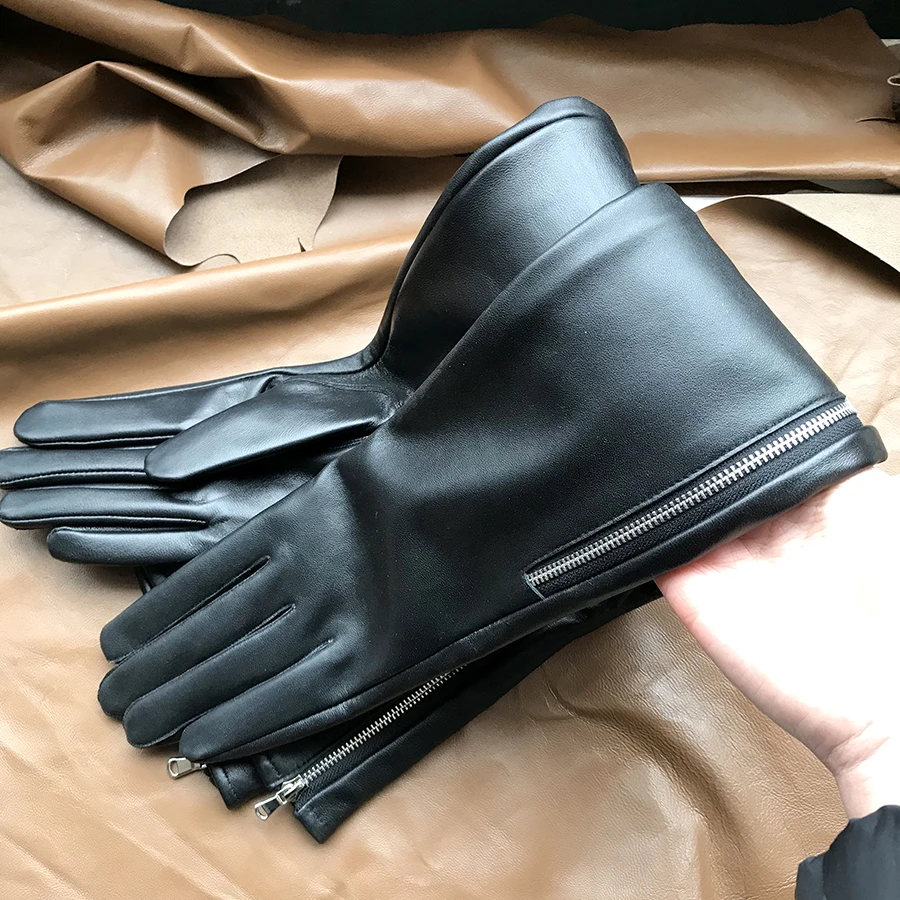 Men real sheep leather glove side open zipper long gloves Pure sheepskin gloves Driving gloves for men Customized size length