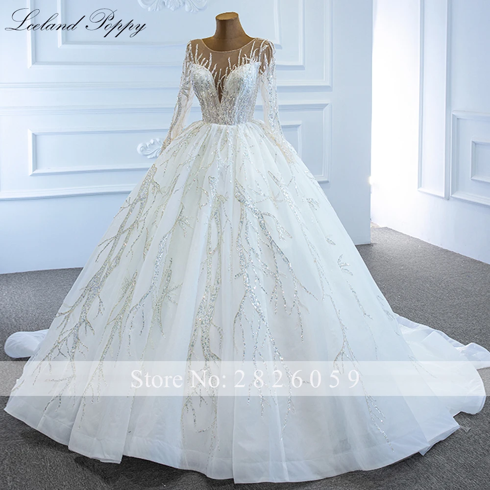 Lceland Poppy Customized Scoop Neck Ball Gown Wedding Dresses Full Sleeves Sequined Beaded Lace Floor Length Bridal Gowns