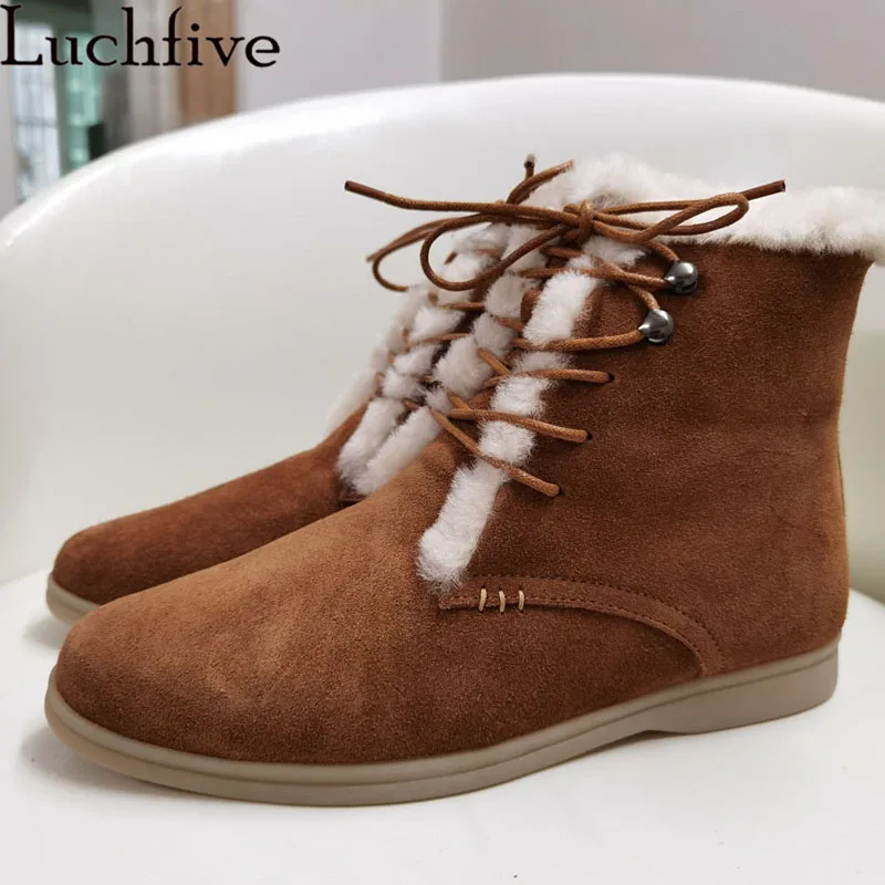 Natural Fur Snow Boots for Women Suede Leather High-help Lace up Flat Ankle  Boots Comfortable Wool Warm Winter Boots Mujer