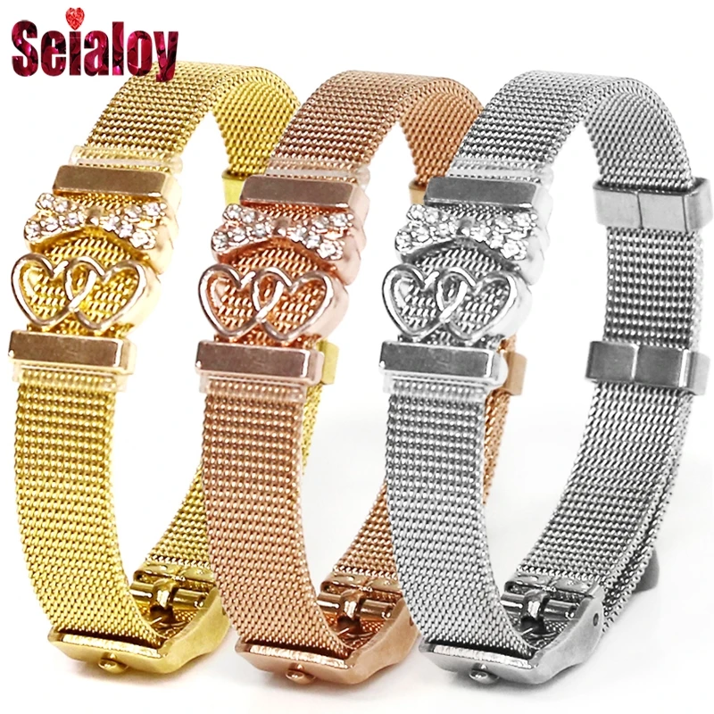 Rose Gold Color Stainless Steel Mesh Watch Belt Bracelet For Women Couple Lover Double Heart Bow Charm Strap Bracelet Bangle