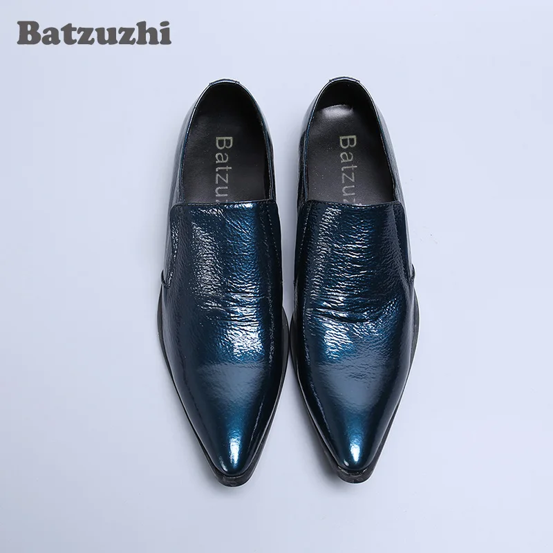 Batzuzhi Blauwe lederen kledingschoenen Heren Luxe herenschoenen Puntschoen Formele zakelijke leren schoenen Heren Feest en bruiloft