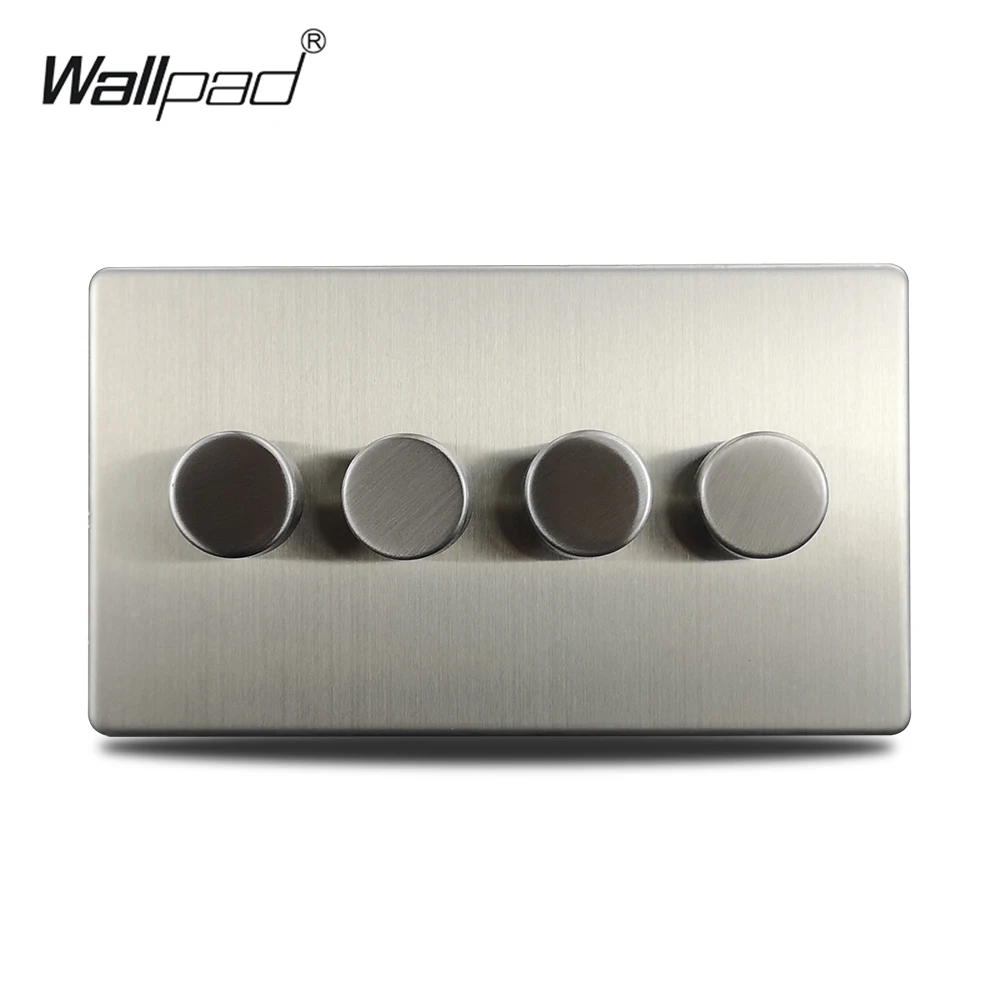 Wallpad Silver 4 Gang 2 Way 4 Buttons LED Dimmer Switch Satin Chrome Push On Off Stainless Steel Panel Metal Button