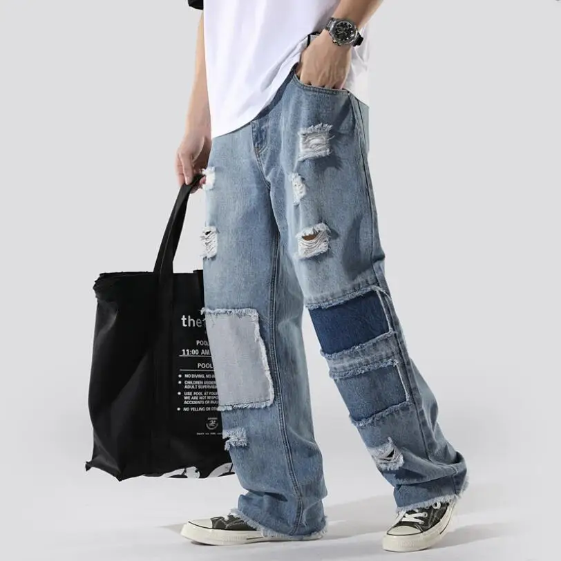 

2022 Men's Patchwork Straight Denim Pants Male Mid Waist Hole Hip Hop Jeans Men Loose Streetwear Trousers Spring Summer w240