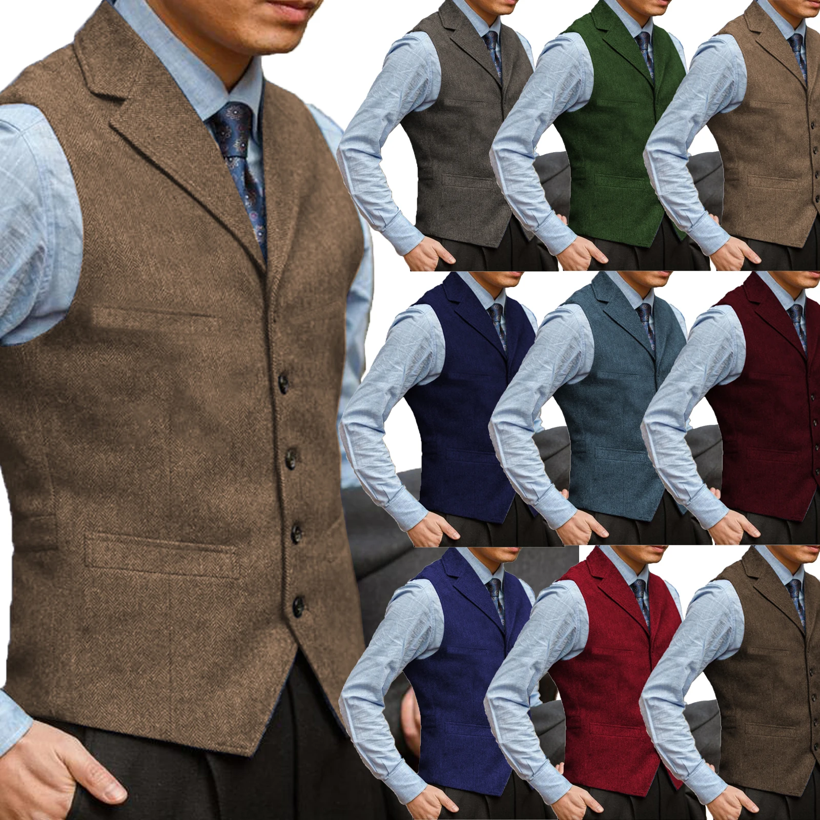 Brown Men\'s Vest Brown Slim Fit Prom Herringbone Wool Blazer Green Office Suits Burgundy Waistcoat For Wedding Best Man Grooms