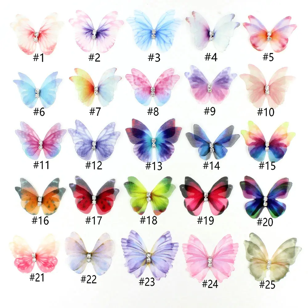 100PCS 3cm Irregular Double-layer Organza Butterflies w/ Rhinestone Handmade Butterfly Accessory for Wedding DIY Jewelry Making