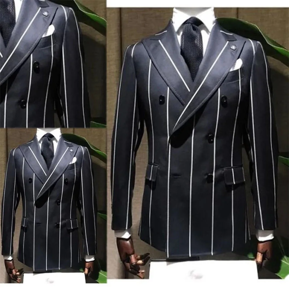 White Pinstripe Black Men Suits Outwear Fit Slim Formal Coat Wide Lapel Blazer Double Breasted Overcoat Tuxedos Male Blazer 2023