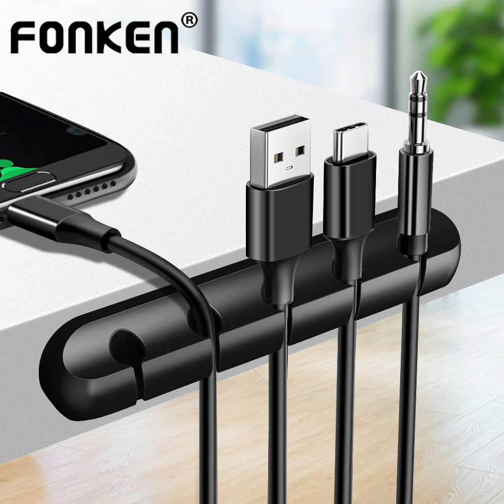 FONKEN-organizador de cables USB de silicona, enrollador de Cable de carga, soporte de ratón, escritorio de oficina, organizar, Clip de gestión de
