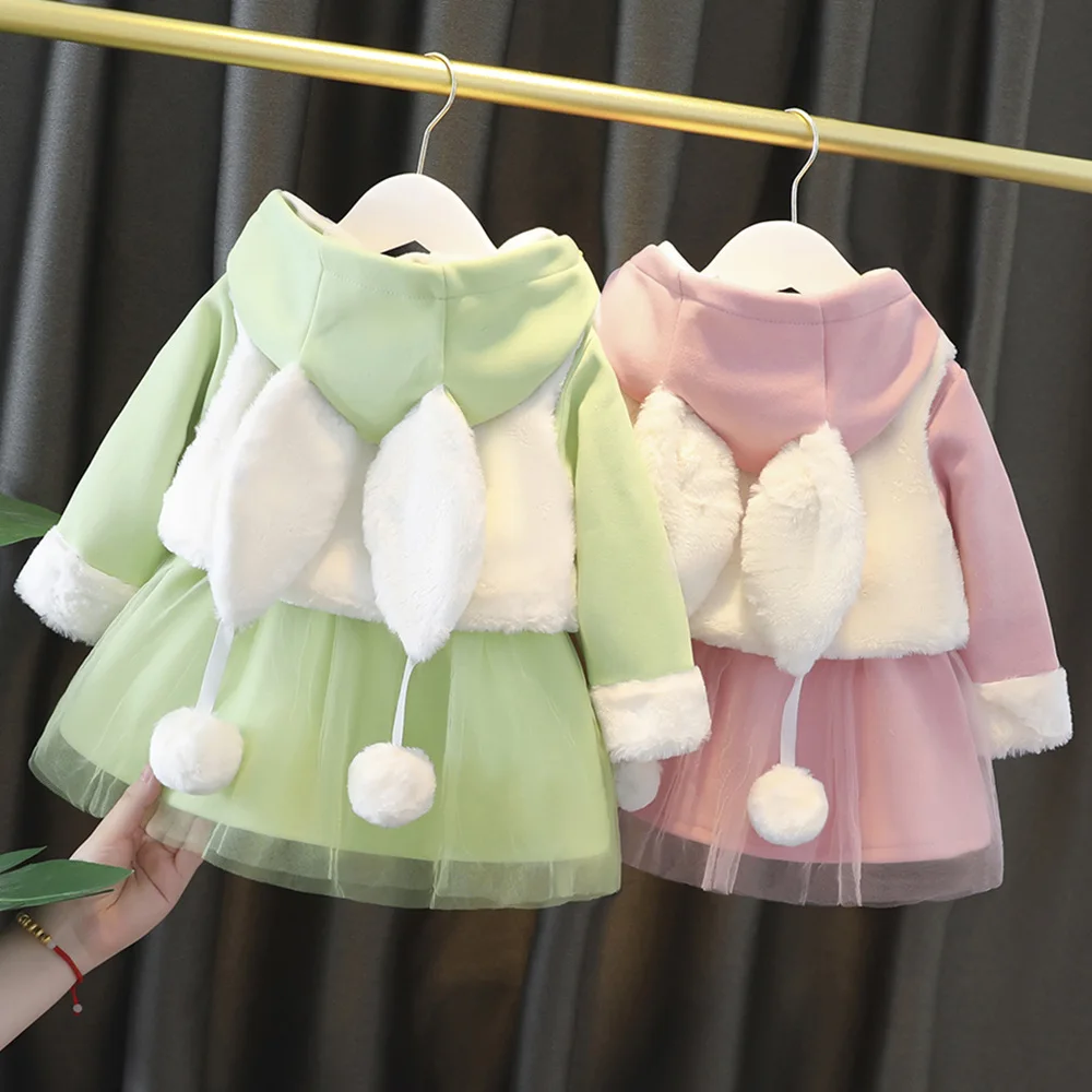 

2024 New Kids Baby Clothes Autumn Winter Spring Toddler Girls Dresses Cute Rabbit Ears Hooded Velvet Coat with Furry Jacket