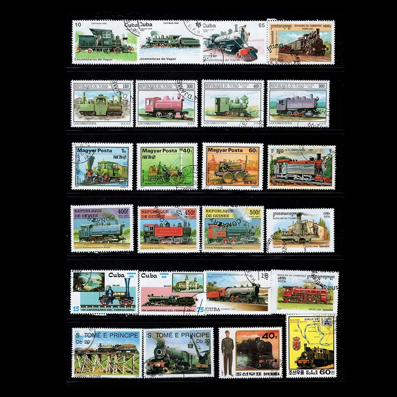 50 PCS No Repeation Topic Steam Train Usused Postage Stamps With  Post Mark For Collection