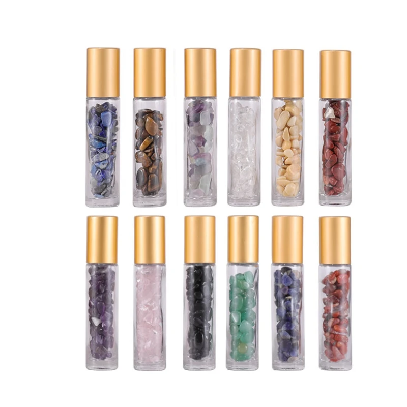 500pcs/lot 10ML Empty gem Roller bottles Essential Oil  glass bottle Transparent Thick gemstone jade crystal bottle Gold cap