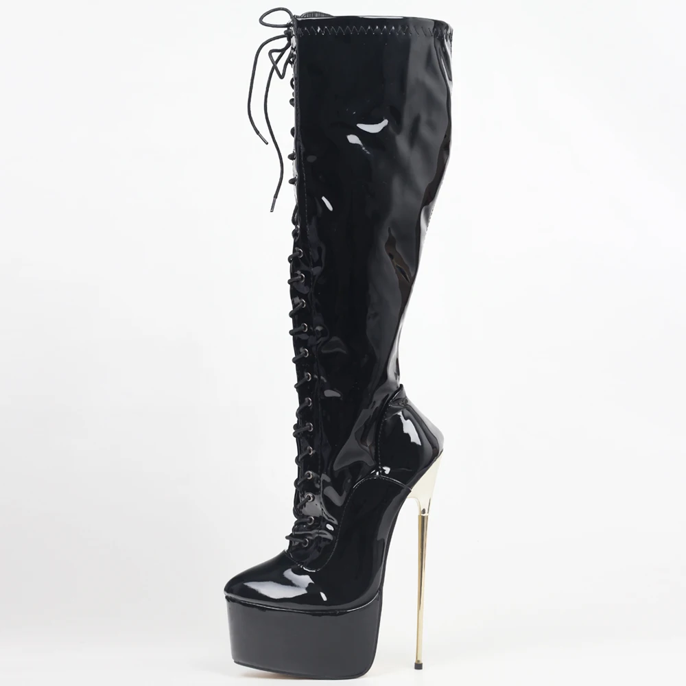 jialuowei 22CM Ultra High Heel Gold Metal Heels PU leather Lace-Up Knee High Platform Women Sexy Fetish Dance Motorcycle Boots