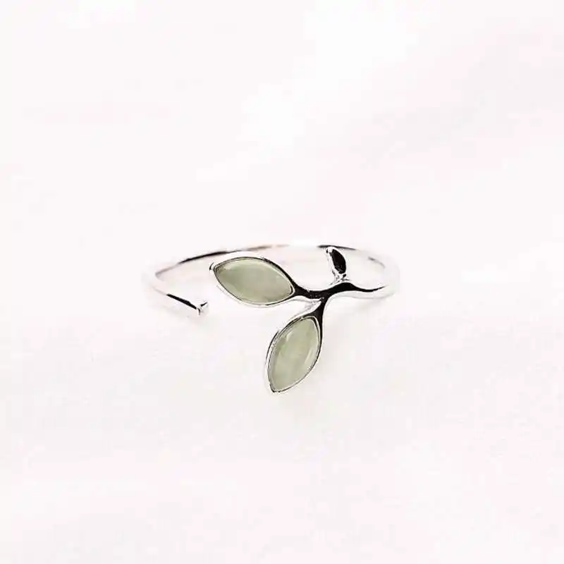 Women's 925 Sterling Silver Green Opal Leaf Open Ring