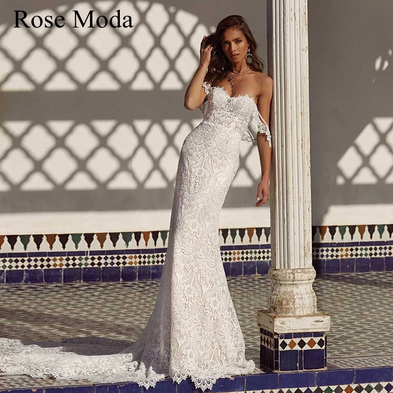 

Rose Moda Off Shoulder Straps Lace Sheath Wedding Dress Custom Make