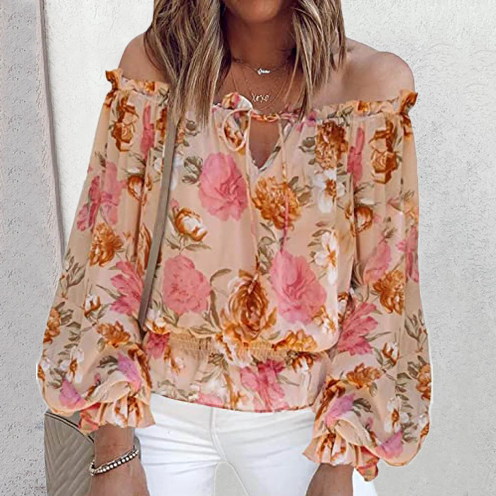 Fashion Floral Lace Up Blouse Sexy Off Shoulder O-Neck Tops Tee Casual Summer Ladies Female Women Long Sleeve Blusas Pullover