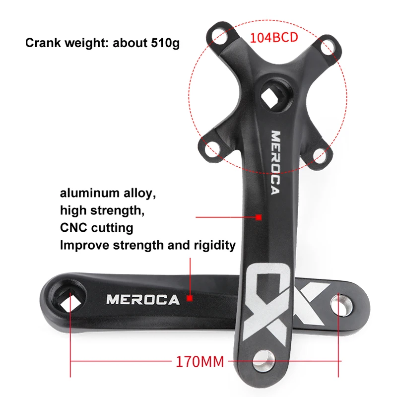 MEROCA Square Hole MTB Crankset 104BCD 170mm Aluminum Alloy Wide Narrow Tooth Chain 32T/34T/36/38/40T/42T Mountain Bike Crank