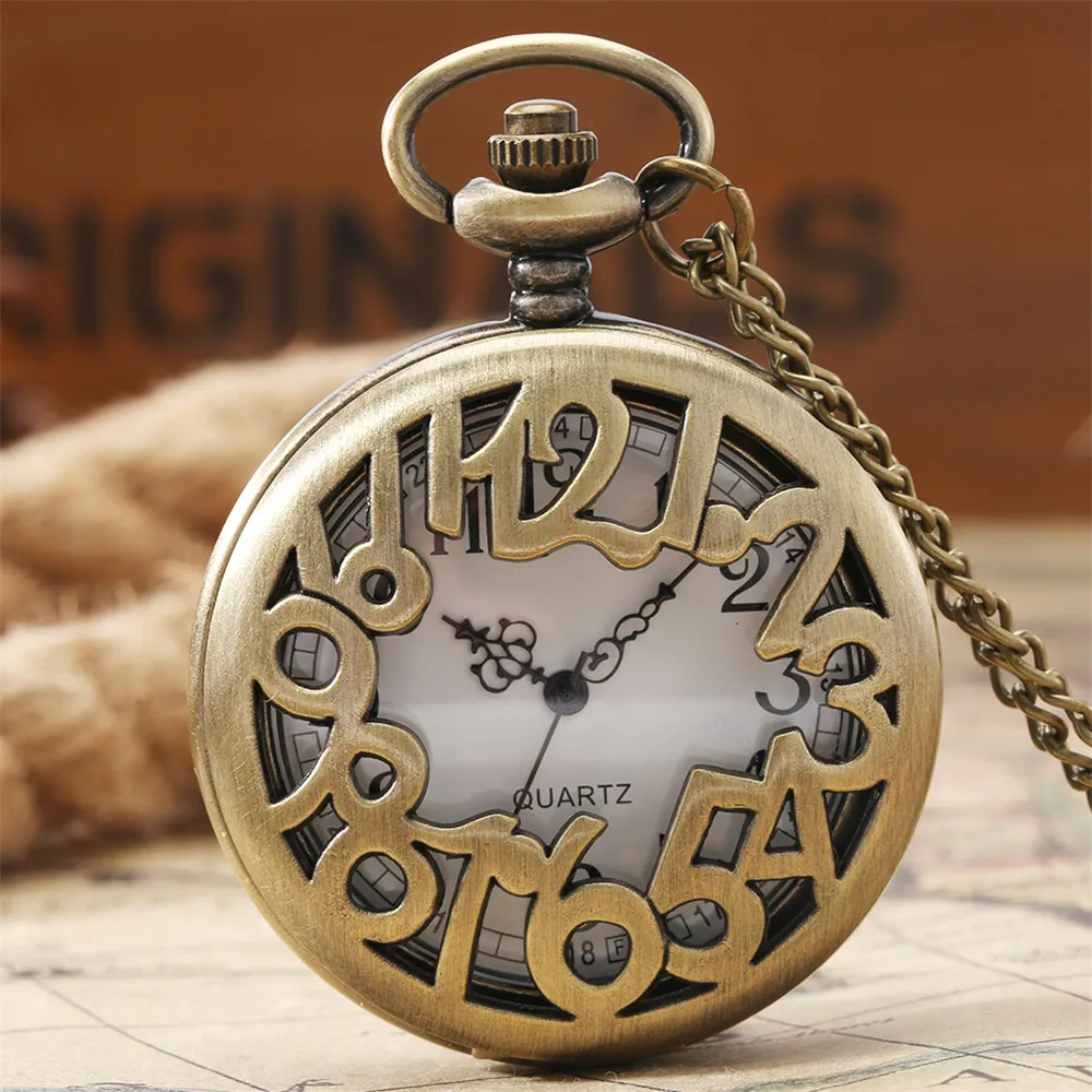 Reloj de bolsillo de cuarzo y bronce con números arábigos huecos creativos, medio cazador, colgante, collar, colgante, con cadena, regalo Retro