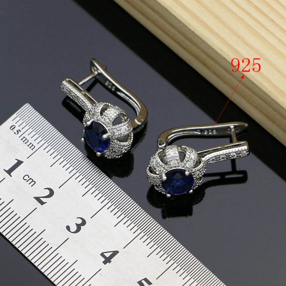 Blue Cubic Zirconia 925 Sterling Silver Bridal Jewelry Sets Docoration Women Wedding Earrings Rings Dropshipping Necklace Set