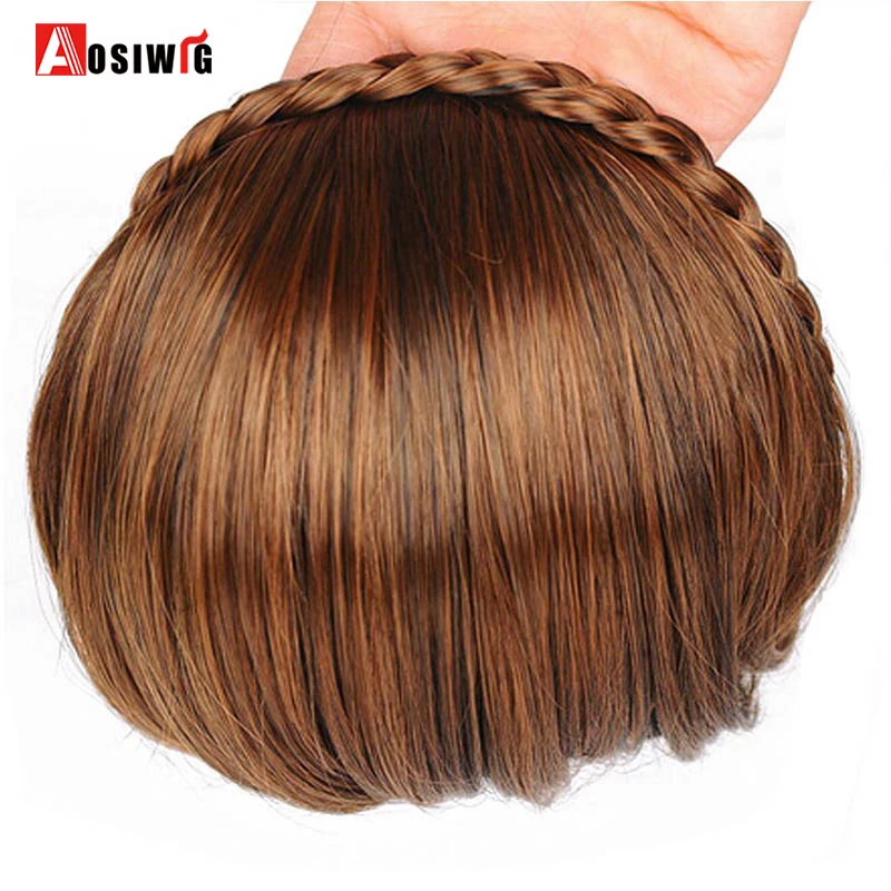 AOSIWIG krótkie warkocze z pałąkiem na głowę prosto grzywka Fringe Blunt Natural Hairpiece syntetyczny Bang z opaską naturalne sztuczne włosy