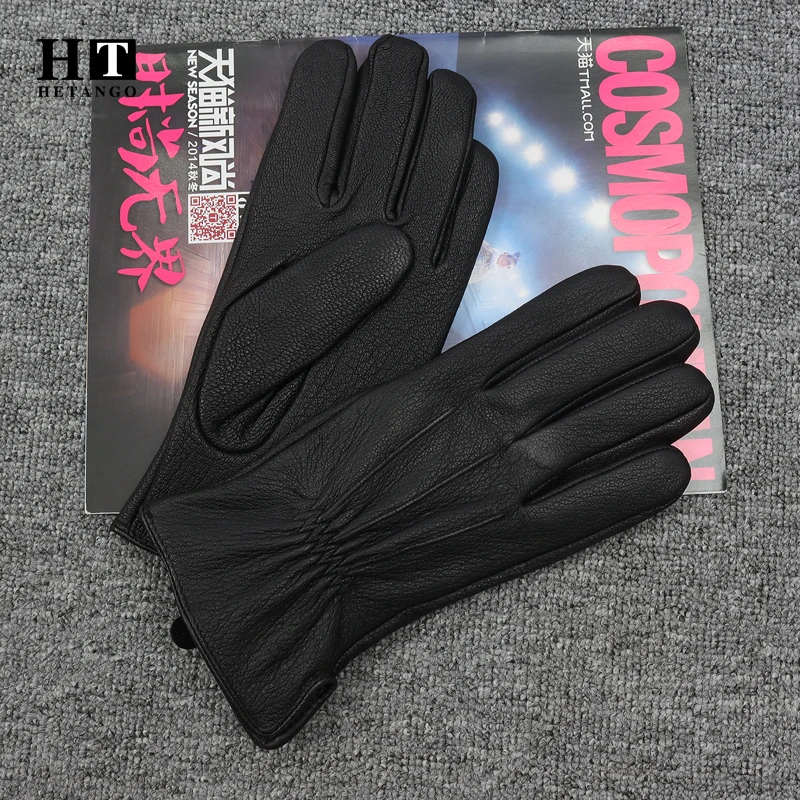 New Men\'s Winter Genuine Leather Gloves Outdoor Warmth Soft Classic Line Design Deerskin Mittens 70% Wool Lining Free Shipping