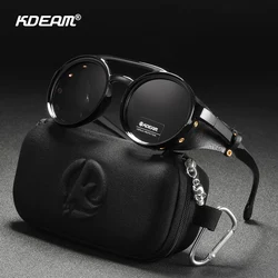 KDEAM Vintage Round Sunglasses Men Women Leather Shield Sun Glasses  Twin Bridge Designed Shade KD179