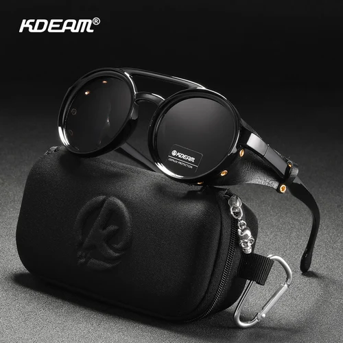 KDEAM gafas de sol redondas Vintage para hombres y mujeres, gafas de sol con escudo de cuero, sombra diseñada con puente doble KD179