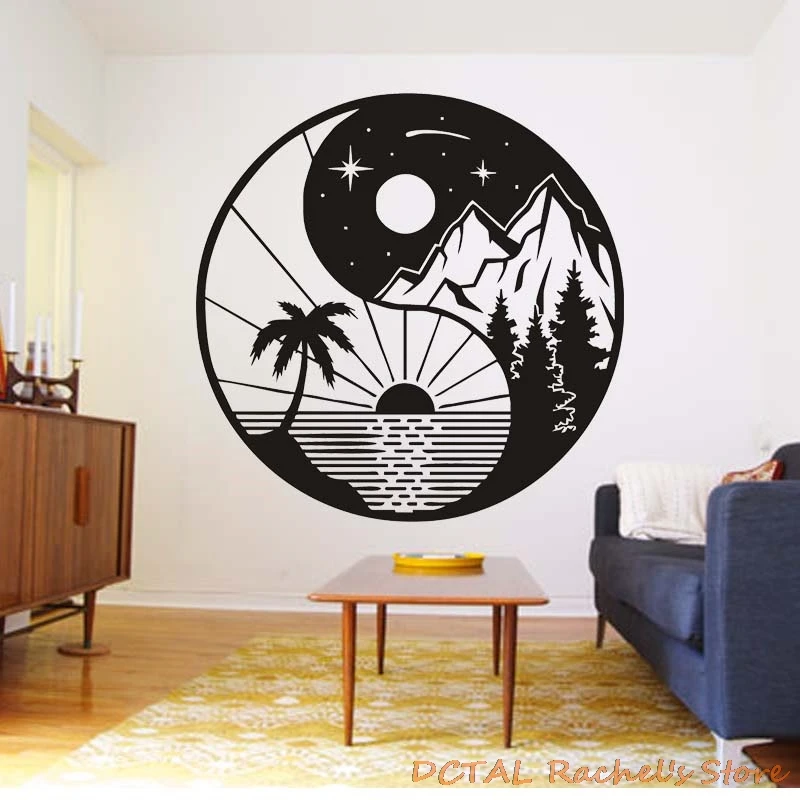 Yin Yang Day Night Tropical Island Mountain Sticker Palm Silhouettes Home Decor Vinyl Decal Coconut Tree Living Room Bedroom